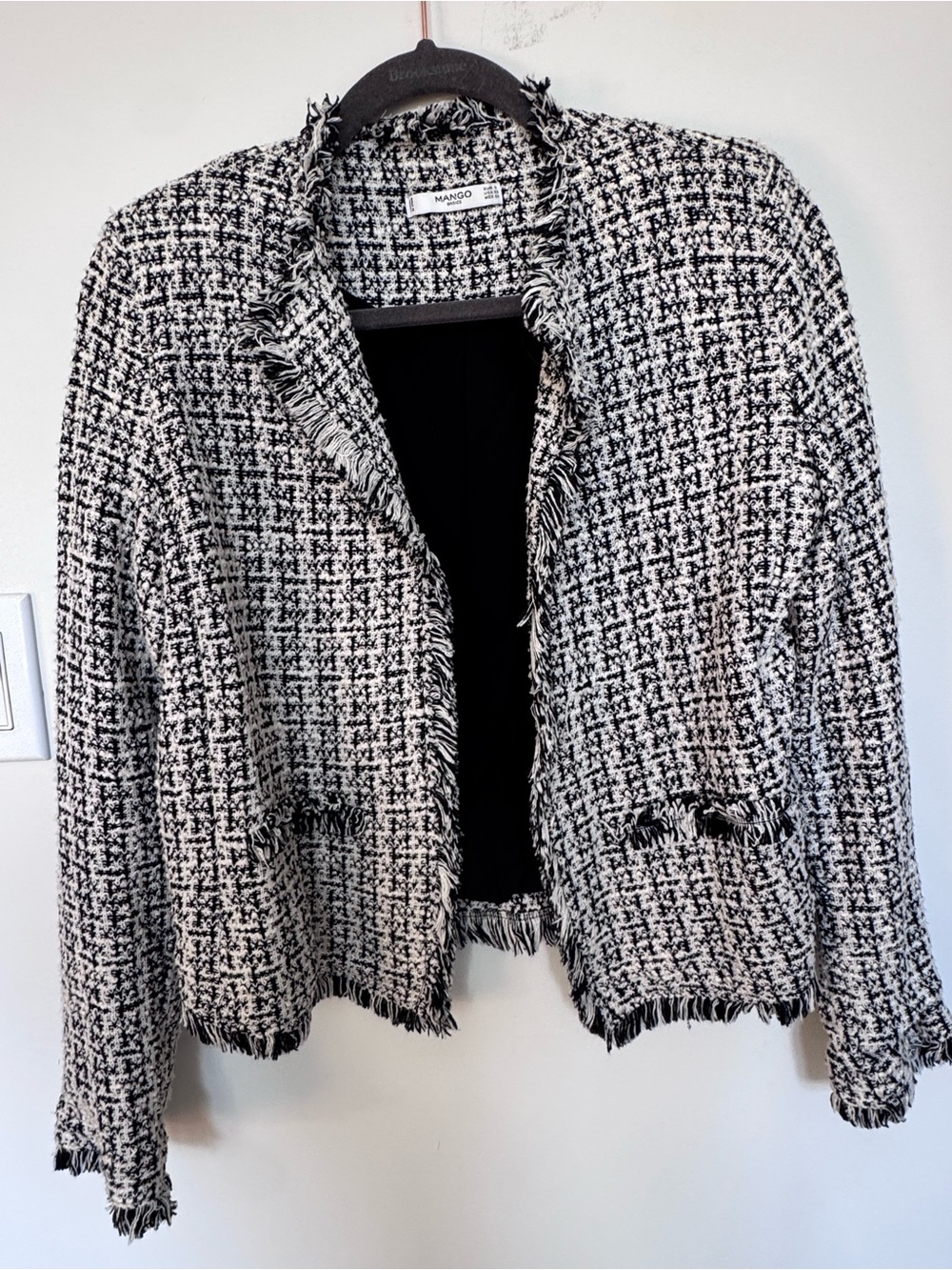 Mango Black & White Tweed Fringe Blazer